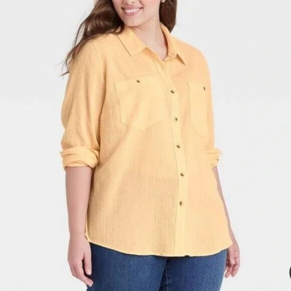 NWT Ava & Viv Women's Plus Size Long Sleeve Button Up Shirt, Yellow, 0X - Picture 1 of 4